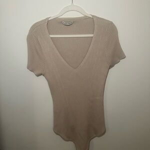 Beige Ribbed V-Neck Women's Bodysuit